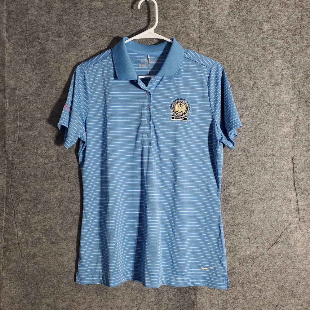 Nike Golf Polo Shirt Womens Large Blue Stripe Dri‎ Fit PGA Grand Slam Bermuda